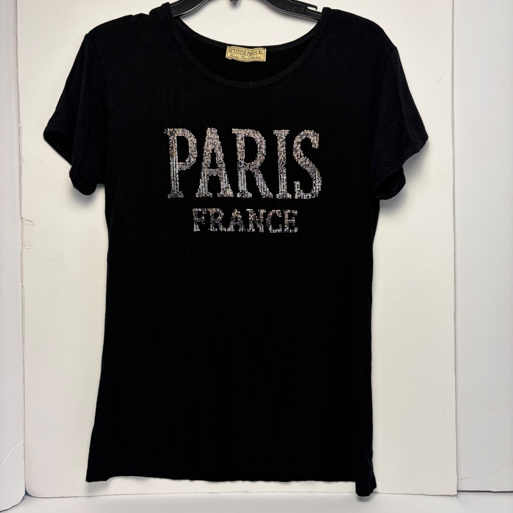 Attitude Paris Women Black Rhinestone Paris France Graphic T-Shirt Size XL‎